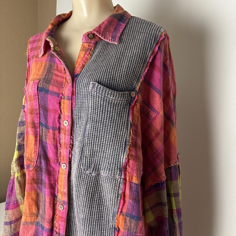 Oli & Hali Womens Patchwork Plaid Waffle Knit Button Down Shirt size Large - Picture 3 of 15